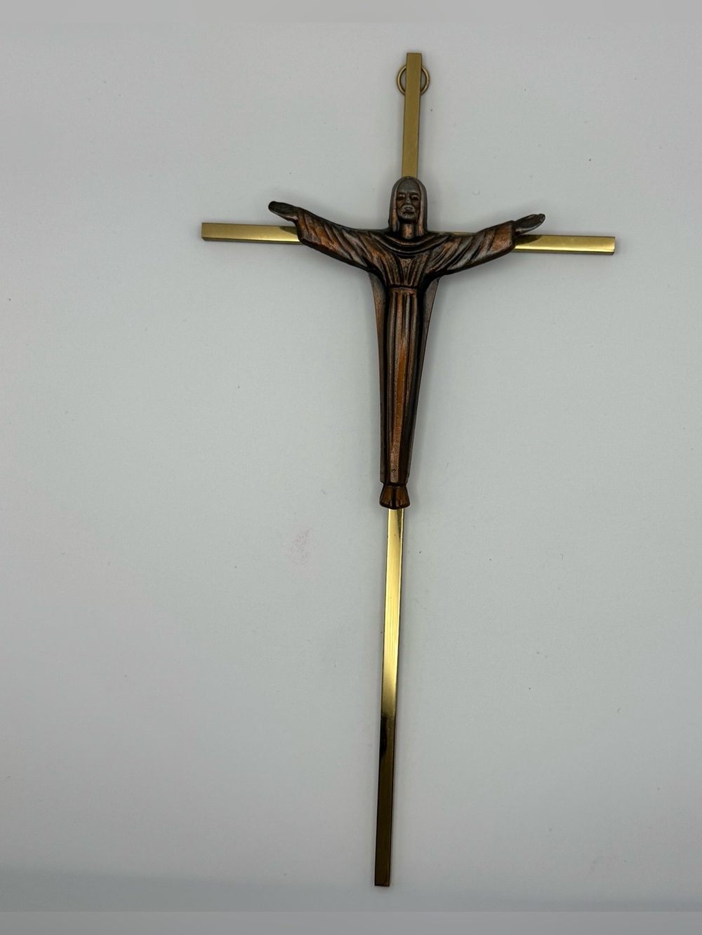 Vintage Mid Century Modern Wall Crucifix Cross Jesus Brass Copper Tone 10”